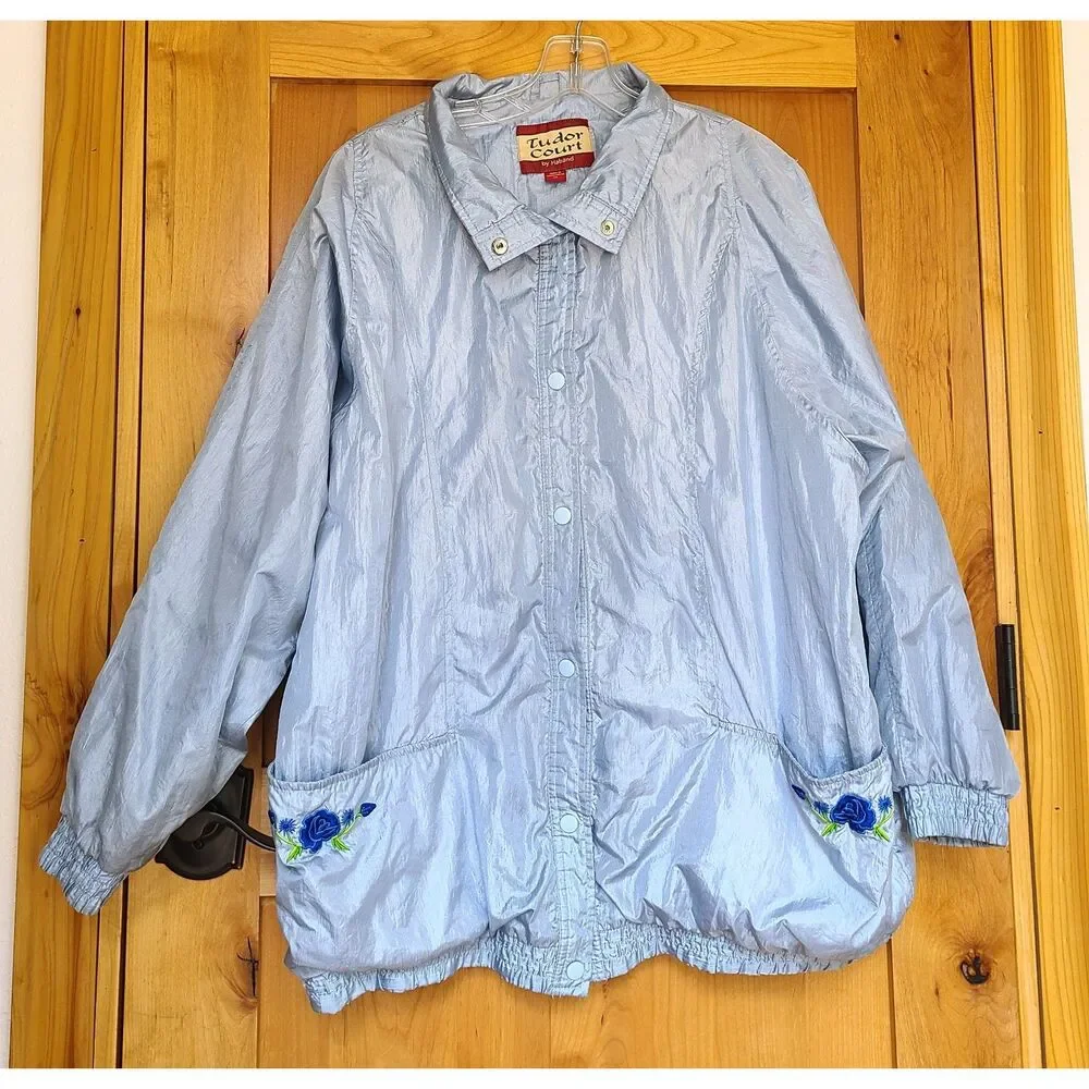 Tudor Court XL Embroidered Powder Blue‎ Floral Windbreaker Jacket Shiny Pastel